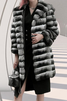 Grey White Notched Lapel Striped Long Shearling Coat