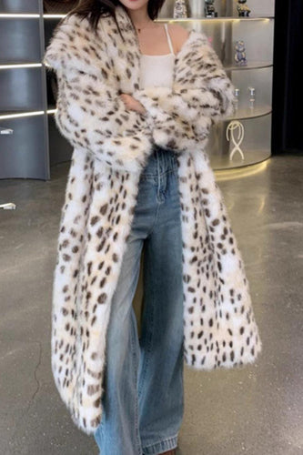 Leopard Print Open Front Long Shaggy Shearling Coat