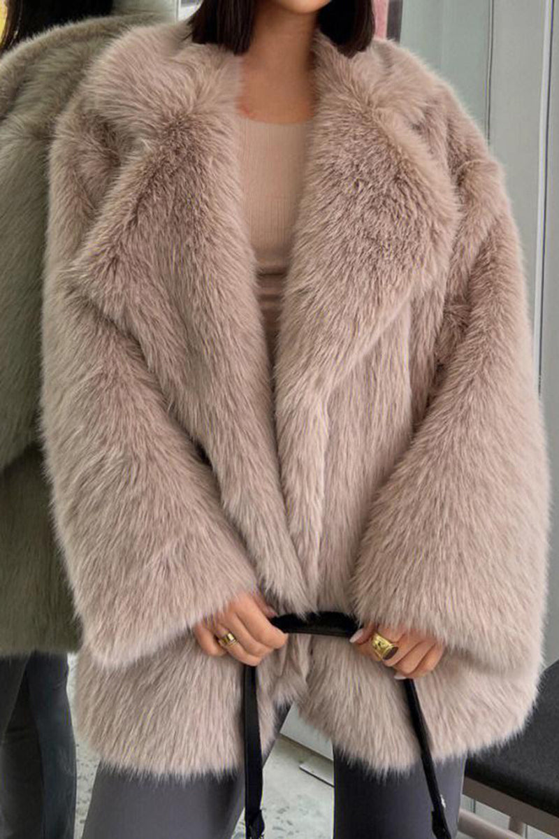 Load image into Gallery viewer, Grey Brown Midi Notched Lapel Shaggy Faux Fur Women&#39;s Coat