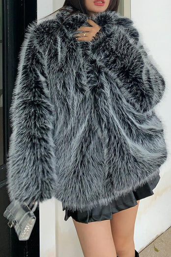 Stylish Black White Midi Faux Fur Women's Coat