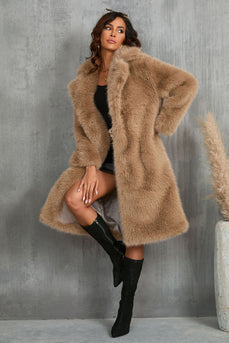 Camel  Notched Lapel Long Faux Fur Long Shaggy Women Coat