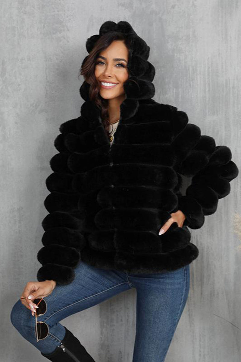 Load image into Gallery viewer, Black Fluffy Faux Fur Cropped Zip Up Coat with Hood