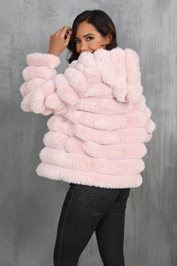 Black Fluffy Faux Fur Cropped Zip Up Coat with Hood