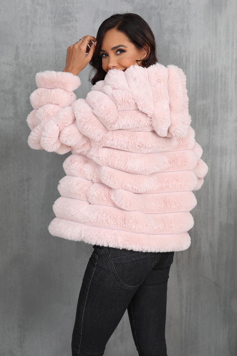 Load image into Gallery viewer, Black Fluffy Faux Fur Cropped Zip Up Coat with Hood