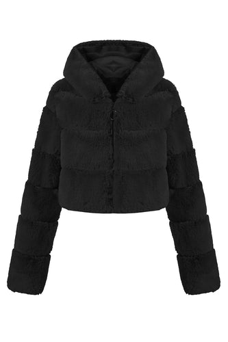 Black Fluffy Faux Fur Zip Up Short Coat