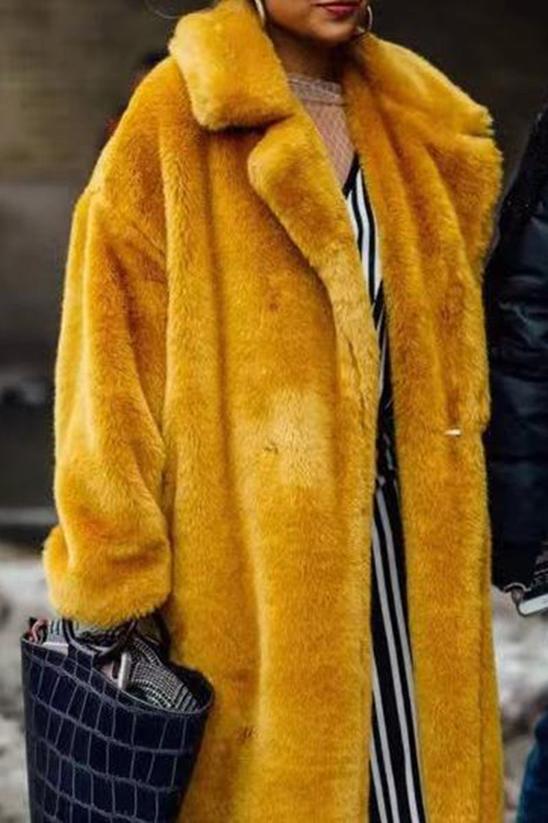 Load image into Gallery viewer, Fluffy Yellow Notched Lapel Faux Fur Long Coat