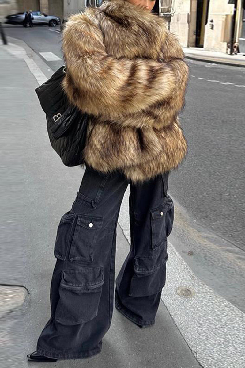 Load image into Gallery viewer, Brown Fluffy Faux Fur Long Sleeve Open Front Short Coat