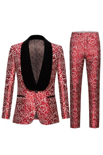 Red Shawl Lapel Printed 2 Piece Men's Suit