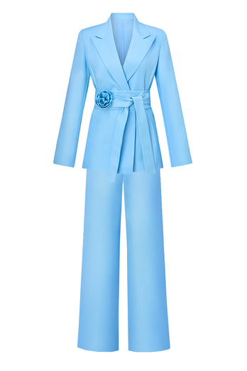 Blue Peak Lapel Flower Women Party Suits with Belt