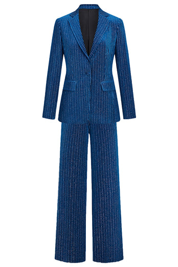 Ink Blue Notched Lapel Stripes Women Party Suits