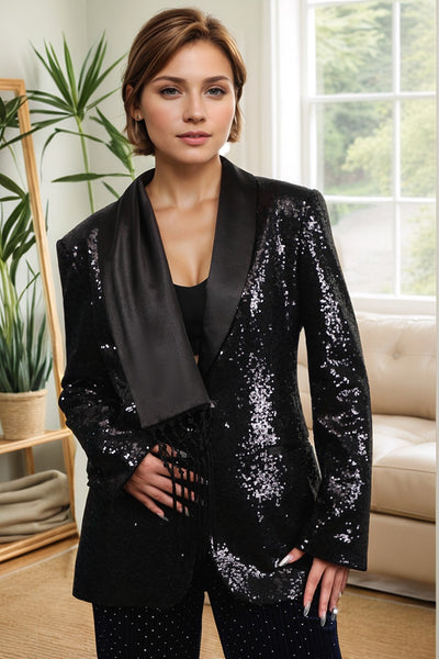 Sparkly Black Sequins Shawl Lapel Women Party Blazer