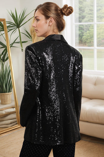 Sparkly Black Sequins Shawl Lapel Women Party Blazer