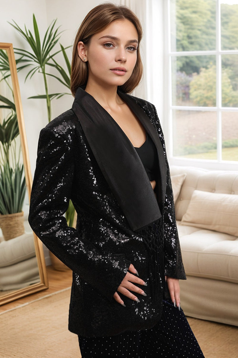 Load image into Gallery viewer, Sparkly Black Sequins Shawl Lapel Women Party Blazer