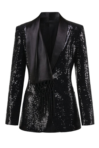 Sparkly Black Sequins Shawl Lapel Women Party Blazer