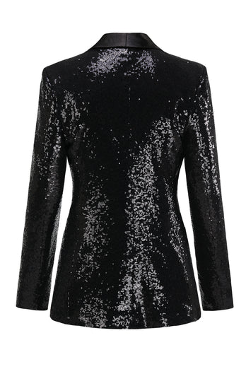 Sparkly Black Sequins Shawl Lapel Women Party Blazer