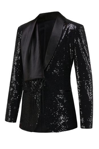 Sparkly Black Sequins Shawl Lapel Women Party Blazer