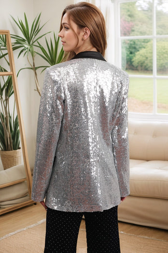 Sparkly Silver Peak Lapel Sequins Women Party Suits