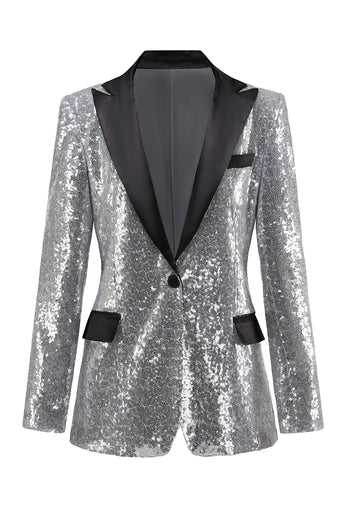 Sparkly Silver Peak Lapel Sequins Women Party Suits