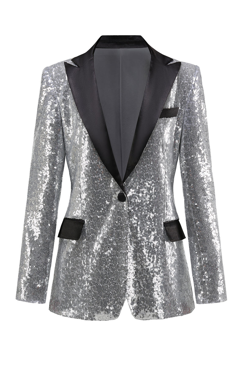 Load image into Gallery viewer, Sparkly Silver Peak Lapel Sequins Women Party Suits