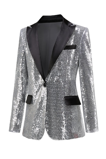 Sparkly Silver Peak Lapel Sequins Women Party Suits