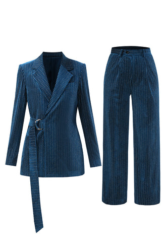 Peacock Blue Stripe Notched Lapel 2 Pieces Women Party Suits with Belt