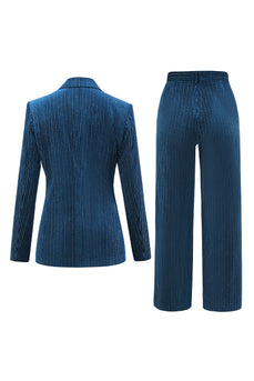 Peacock Blue Stripe Notched Lapel 2 Pieces Women Party Suits with Belt