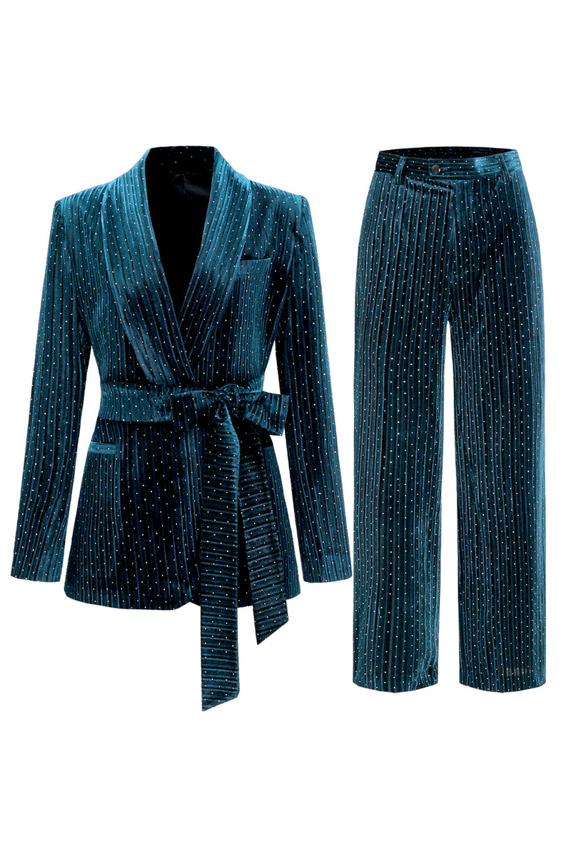 Load image into Gallery viewer, Sparkly Navy Beaded Shawl Lapel 2 Pieces Women Party Suits with Belt