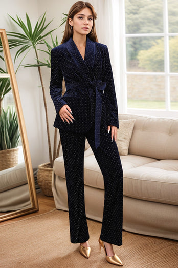 Sparkly Navy Beaded Shawl Lapel 2 Pieces Women Party Suits with Belt