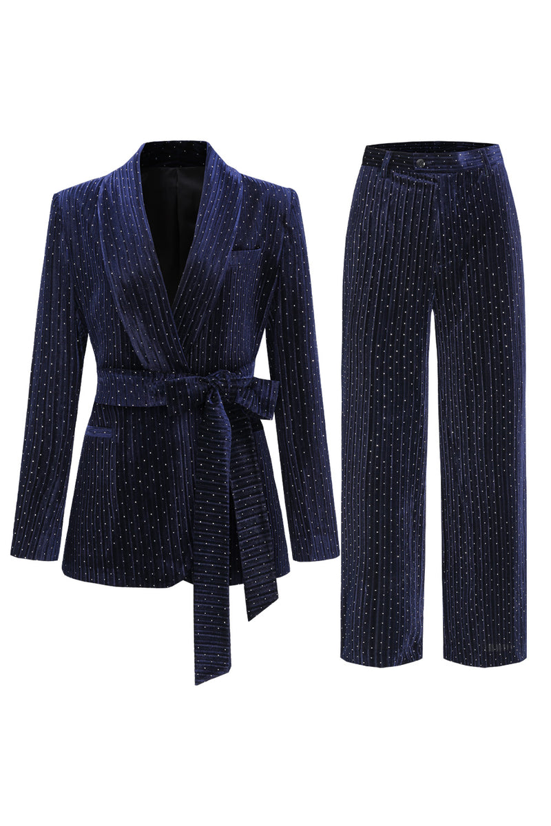 Load image into Gallery viewer, Sparkly Navy Beaded Shawl Lapel 2 Pieces Women Party Suits with Belt