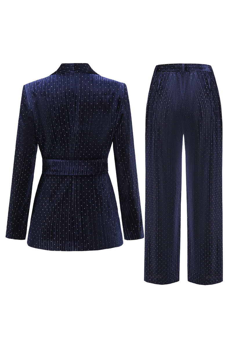 Load image into Gallery viewer, Sparkly Navy Beaded Shawl Lapel 2 Pieces Women Party Suits with Belt