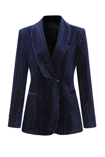 Sparkly Navy Beaded Shawl Lapel 2 Pieces Women Party Suits with Belt