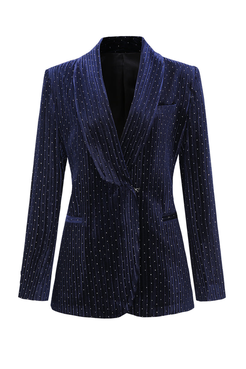 Load image into Gallery viewer, Sparkly Navy Beaded Shawl Lapel 2 Pieces Women Party Suits with Belt