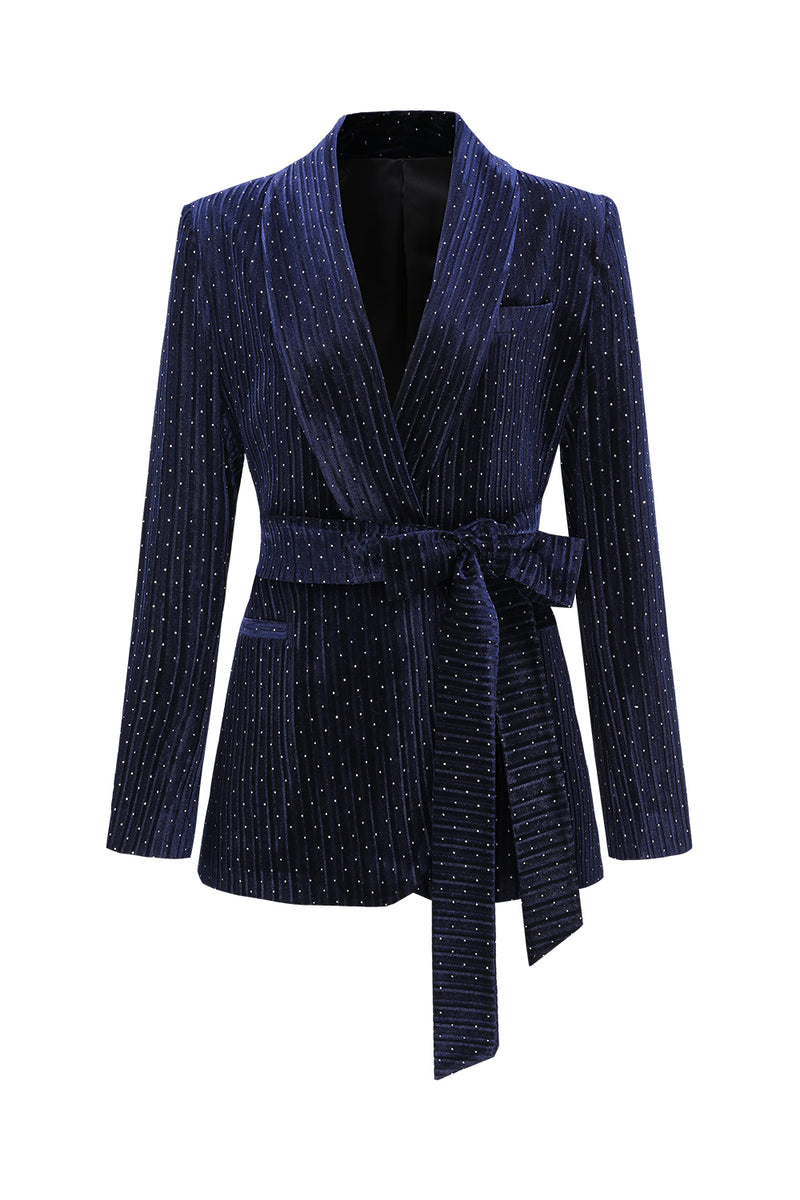 Load image into Gallery viewer, Sparkly Navy Beaded Shawl Lapel 2 Pieces Women Party Suits with Belt