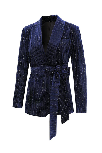 Sparkly Navy Beaded Shawl Lapel 2 Pieces Women Party Suits with Belt