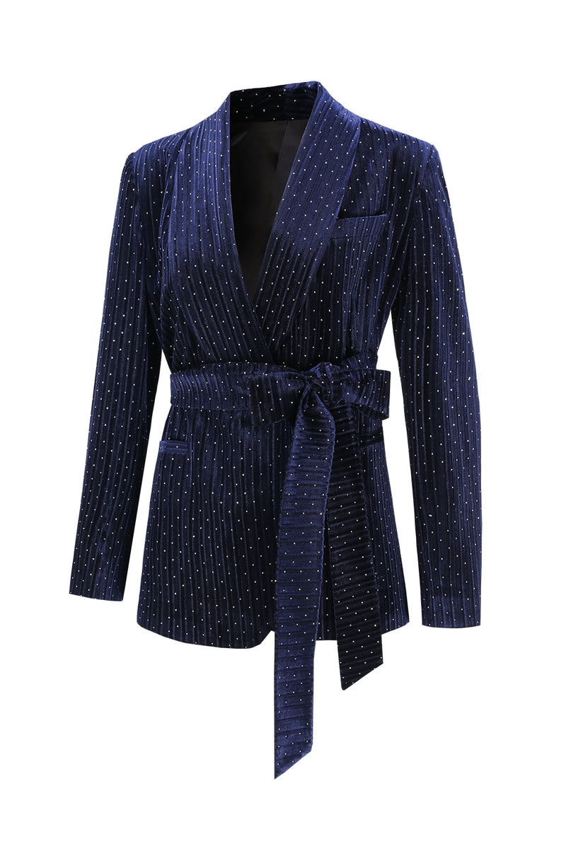 Load image into Gallery viewer, Sparkly Navy Beaded Shawl Lapel 2 Pieces Women Party Suits with Belt