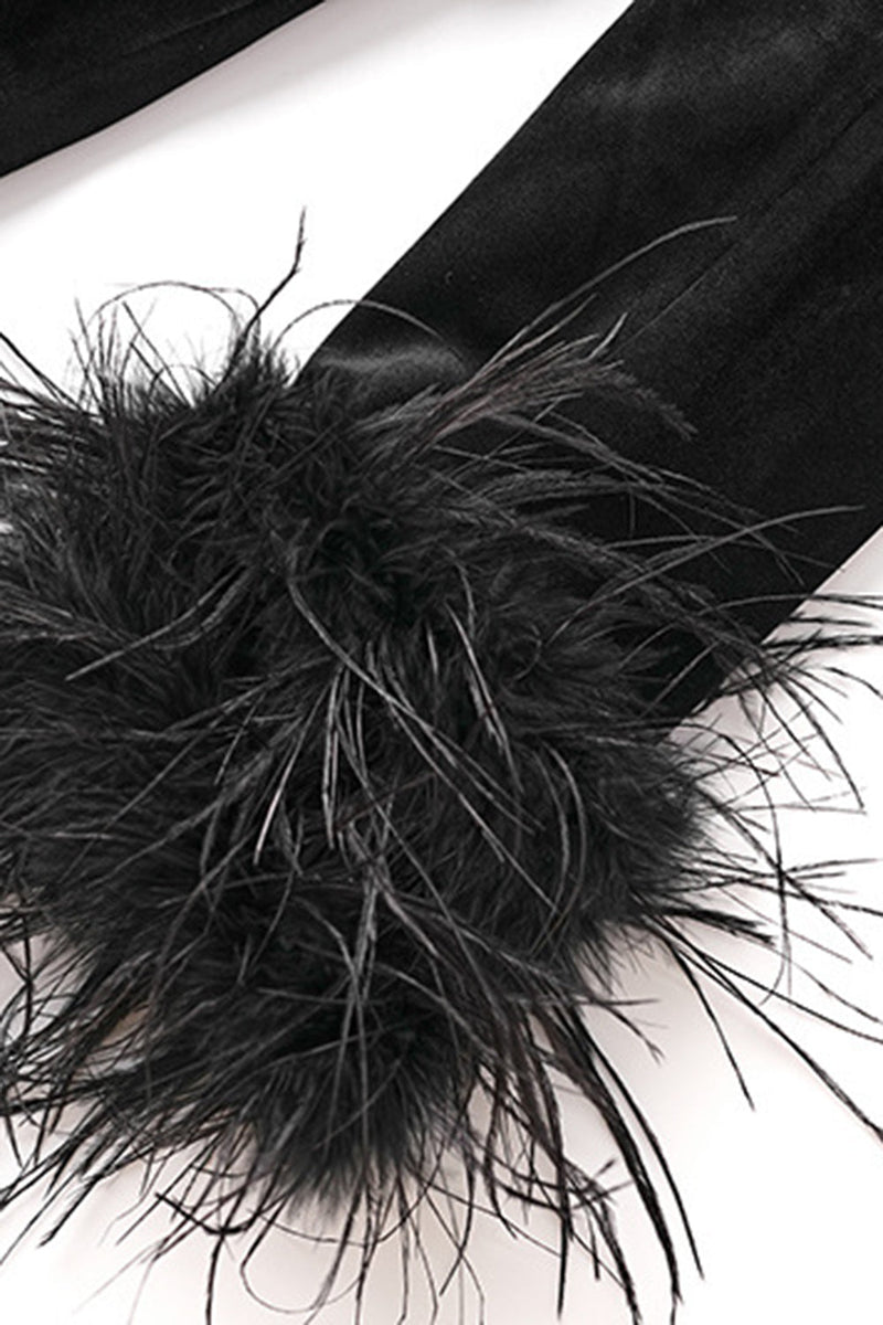 Load image into Gallery viewer, Black Peak Lapel Velvet Blazer with Feathers