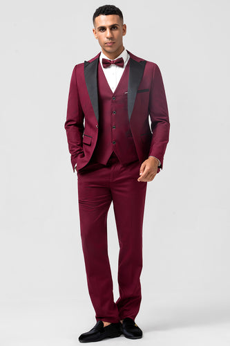 Burgundy 3 Pieces Peak Lapel Men's Prom Suits