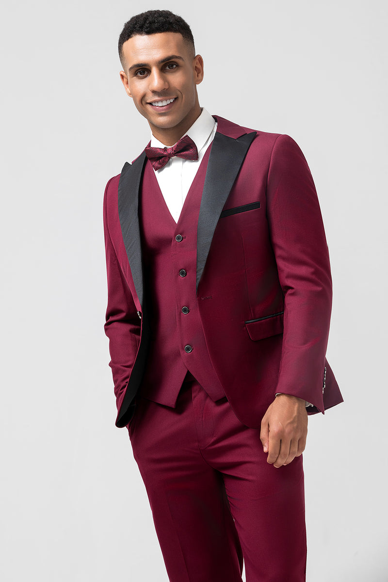 Load image into Gallery viewer, Burgundy 3 Pieces Peak Lapel Men&#39;s Prom Suits