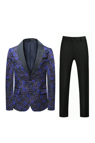 Dark Blue Floral Printed Shawl Lapel 2 Pieces Men Suits