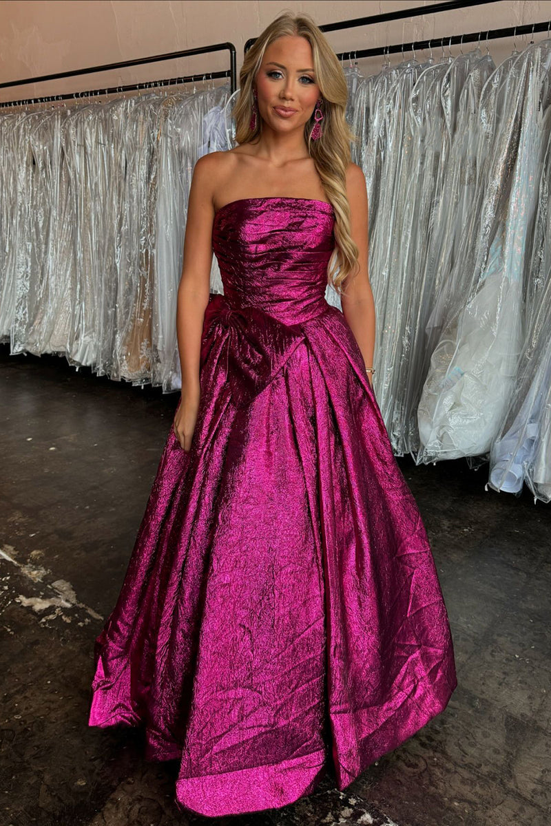 Load image into Gallery viewer, Metallic Fuchsia A-Line Strapless Ruched Long Prom Dress with Bow