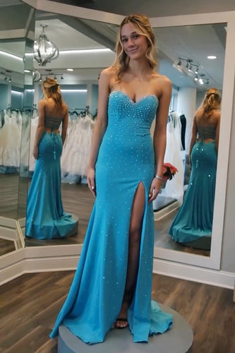 Sparkly Blue Mermaid Beaded Strapless Long Prom Dress with Slit