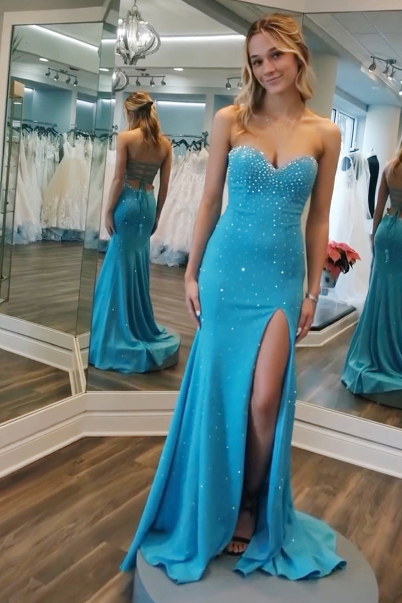 Load image into Gallery viewer, Sparkly Blue Mermaid Beaded Strapless Long Prom Dress with Slit