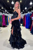 Load image into Gallery viewer, Sparkly Black A-Line Sequined Corset Tiered Bow Long Prom Dress with Slit