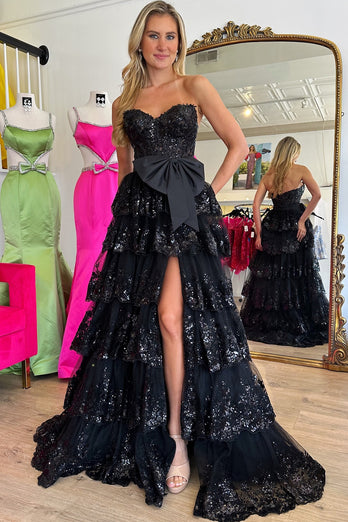 Sparkly Black A-Line Strapless Sequins Corset Tiered Bow Long Prom Dress with Slit