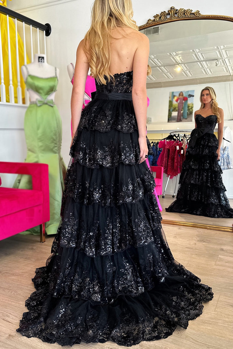 Load image into Gallery viewer, Sparkly Black A-Line Strapless Sequins Corset Tiered Bow Long Prom Dress with Slit