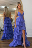 Load image into Gallery viewer, Purple A-Line Tiered Spaghetti Straps Long Prom Dress with Slit