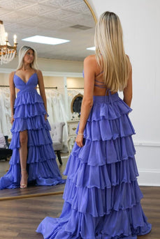 Purple A-Line Tiered Spaghetti Straps Long Prom Dress with Slit