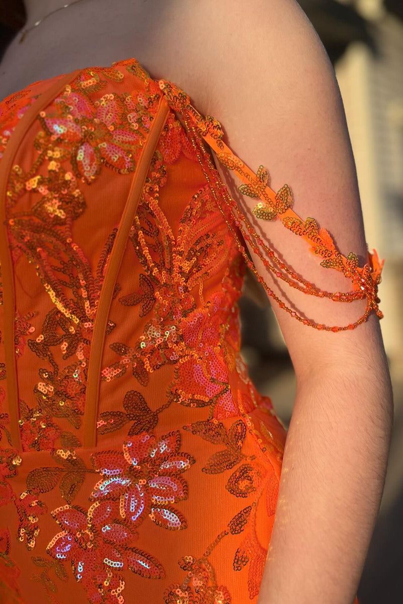 Load image into Gallery viewer, Sparkly Orange Mermaid Off the Shoulder Tassels Sequined Long Prom Dress with Slit