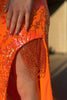 Load image into Gallery viewer, Sparkly Orange Mermaid Off the Shoulder Tassels Sequined Long Prom Dress with Slit