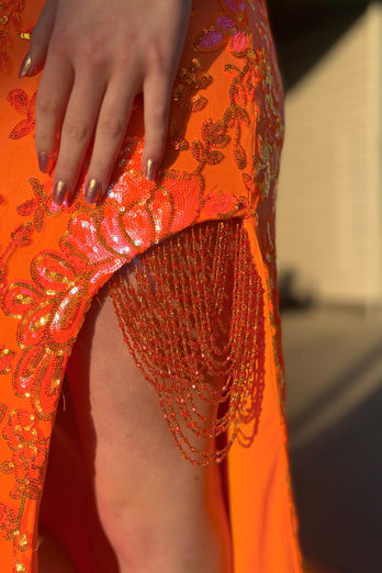 Sparkly Orange Mermaid Off the Shoulder Tassels Sequined Long Prom Dress with Slit